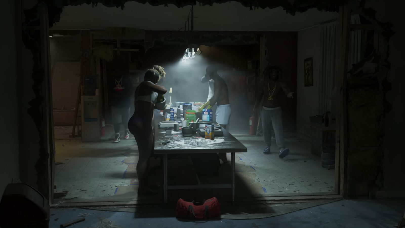 Interior de laboratório clandestino visitado por Jason e Lucia em GTA VI.