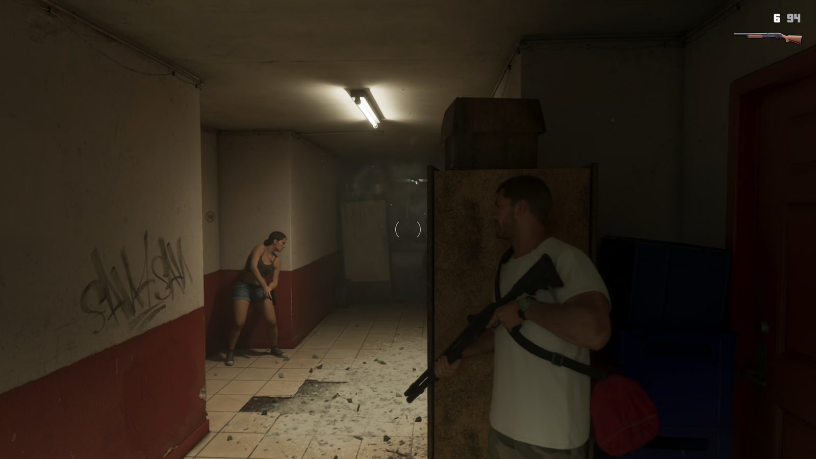 Jason usando cobertura durante tiroteio em corredor de GTA VI.