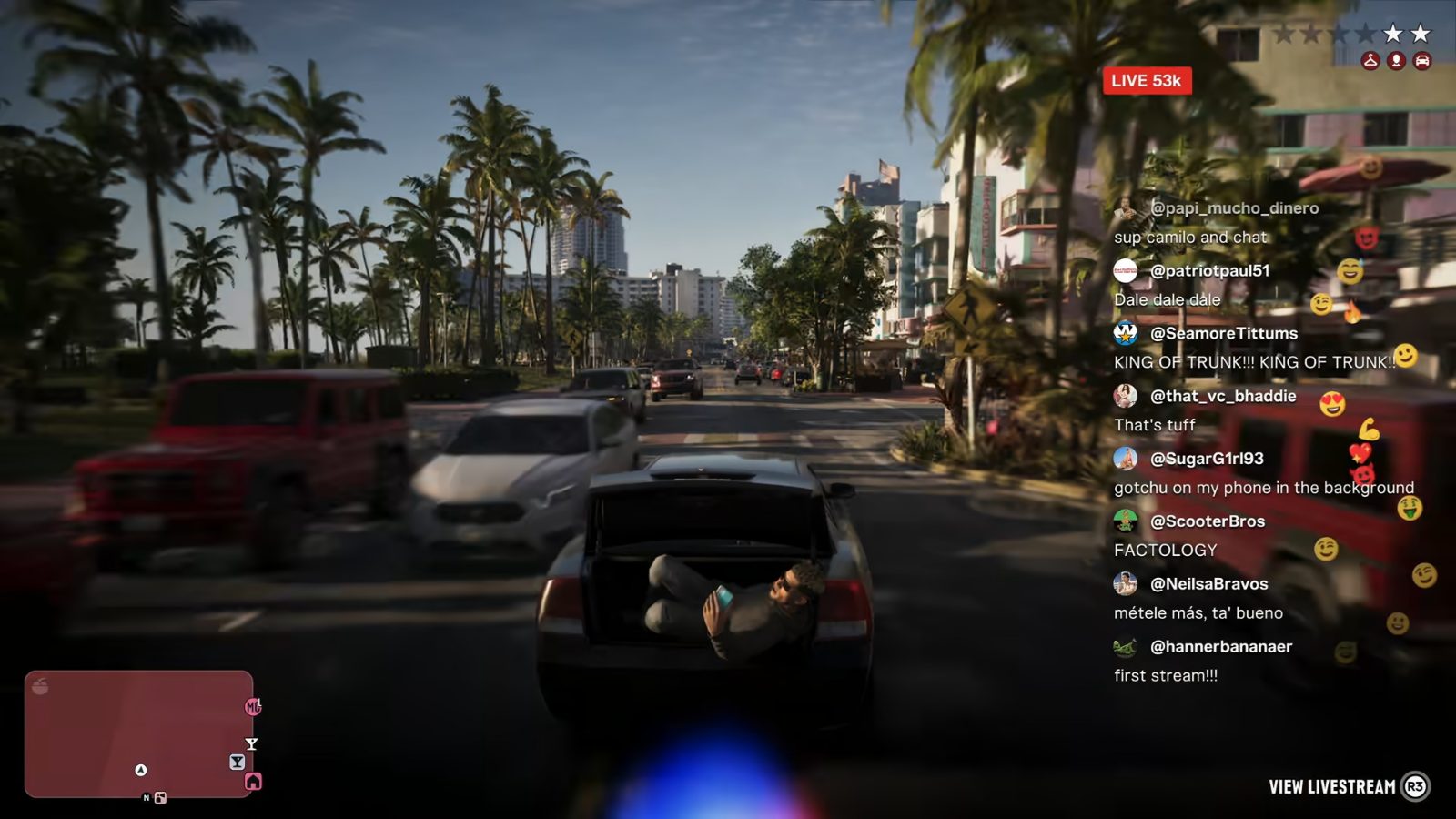 Interface de rede social durante uma cena urbana de GTA VI.
