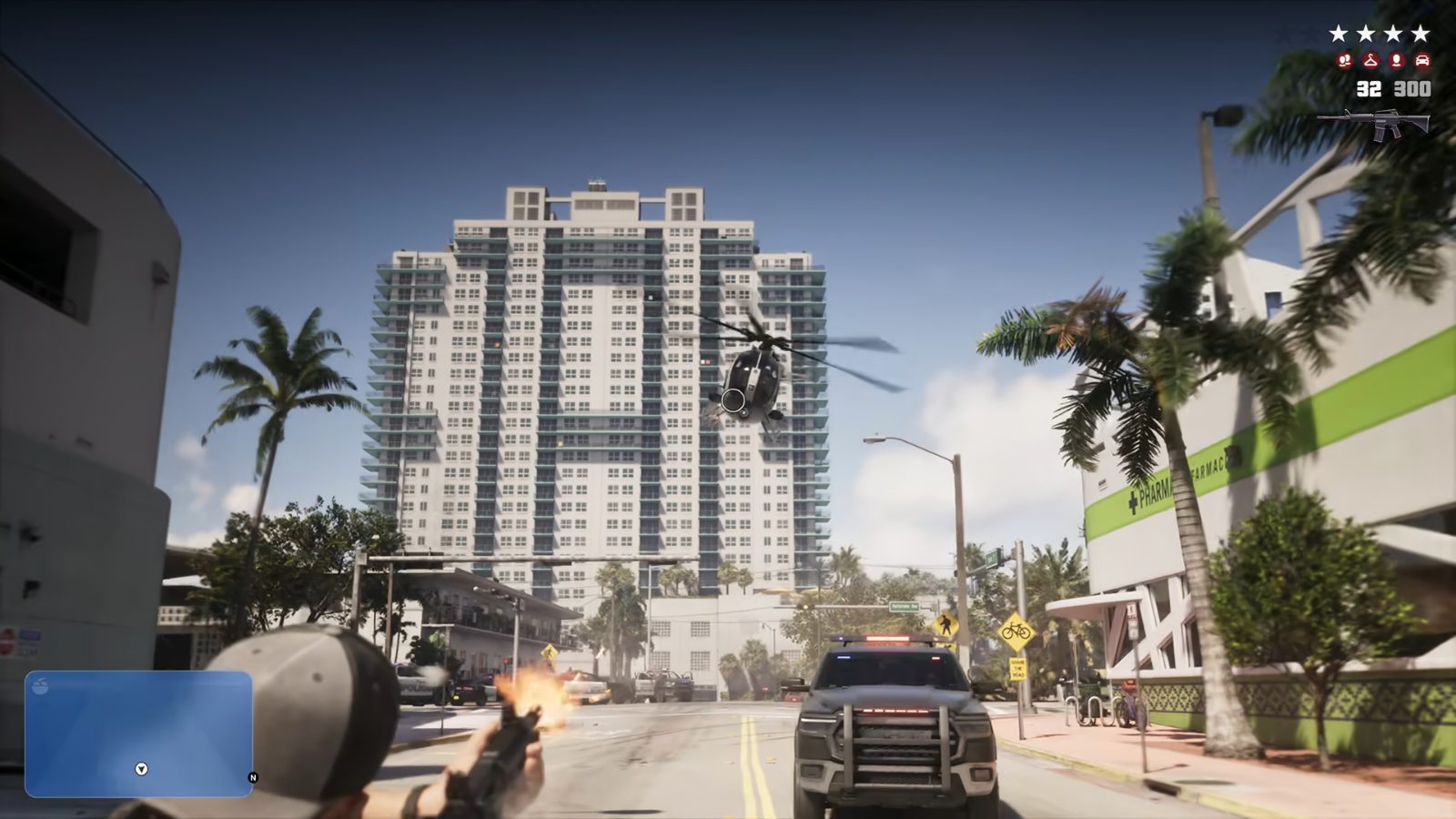 Personagem atirando de um carro durante perseguição policial em GTA VI.